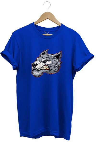WİDİ Angry Aggressive Wolf Design Μπλουζάκι με στάμπα 100% βαμβακερό κανονικό λαιμόκοψη Premium μπλε μπλουζάκι