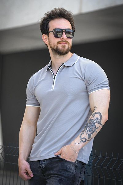 Oksit Ανδρικό μπλουζάκι με ριγέ γιακά Calep Slim Fit με φερμουάρ Polo