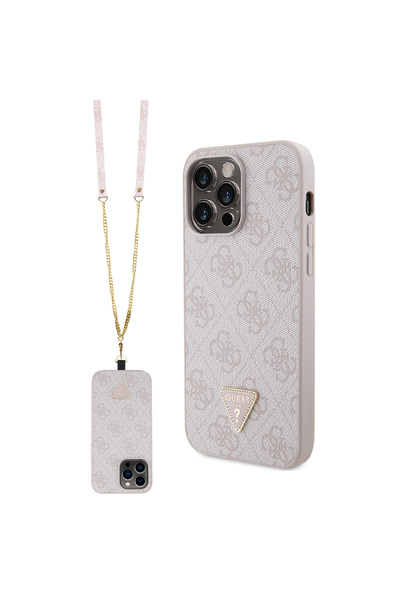 Guess iPhone 14 Pro Max Kılıf Guess Lisanslı PU Deri Taşlı Metal Üçgen Logolu...