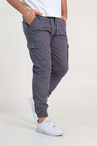 SERAZAT Men's Gray Cargo Pocket Pants Elastic Leg Lycra Jogger Trousers