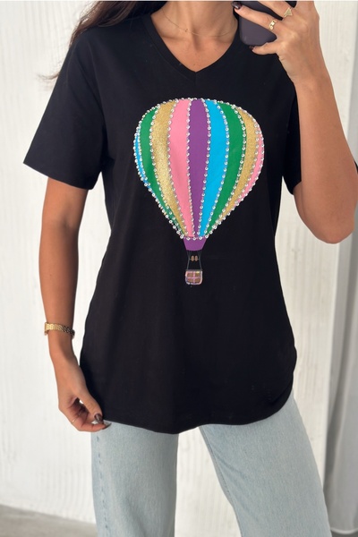 FEMELLE Women's Black V-Neck Large Size Balloon Sequin Sequin Embroidered 100% Cotton T-Shirt
