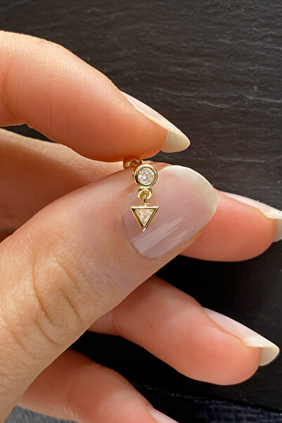 La femme by begum Tektaş Tohum ve Üçgen Taş Sallantılı Arka Top Döndürmeli Gold Gümüş Piercing,helix,tragus,conch,flat