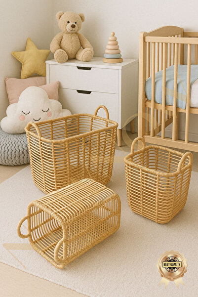 NEWNOW SoftLines 3 lü Çamaşır Sepeti, Rattan Görünümlü Çok Amaçlı Sepet Seti