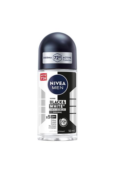NIVEA مزيل عرق رول أون غير مرئي للرجال باللونين الأسود والأبيض، حماية فعالة تدوم 72 ساعة، 5