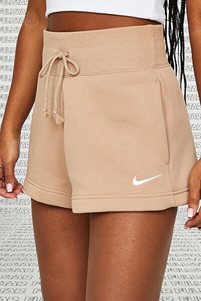 Nike Fleece Loose Fit Shorts Bol Kesim Yüksek Belli Polarlı Cepli Kadın Şort Bej