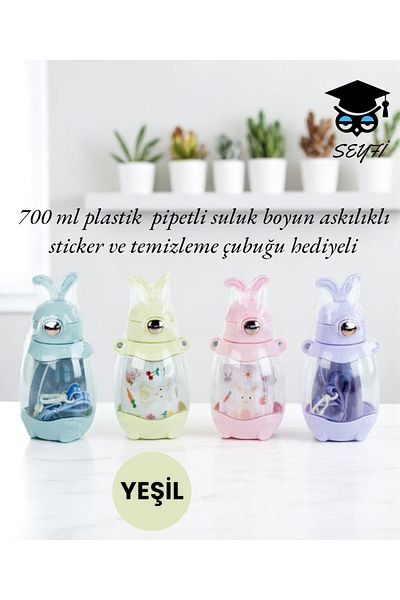 SEYFİKİRTASİYE 700 ml Plastic Straw Bottle with Neck Strap Sticker and Cleaning Stick Gift