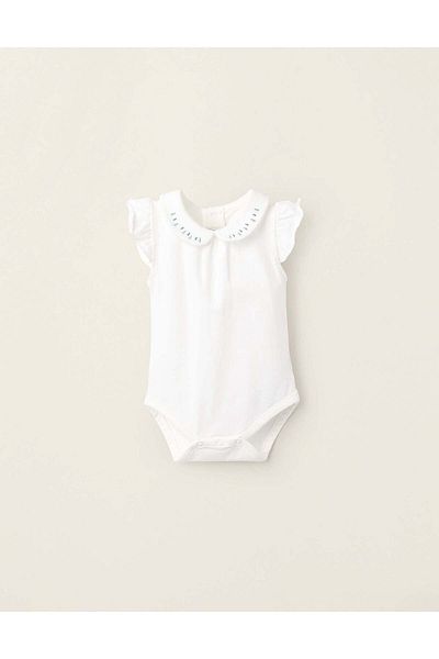 Ziddy Bodysuit with Embroidery and Ruffles for Newborn Girls, White/Green/Blue