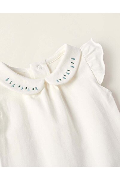 Ziddy Bodysuit with Embroidery and Ruffles for Newborn Girls, White/Green/Blue