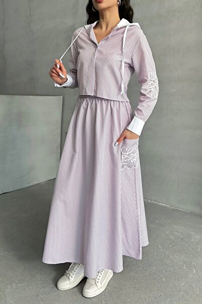 MD trend Women's Striped Hooded Shirt Skirt Double Set