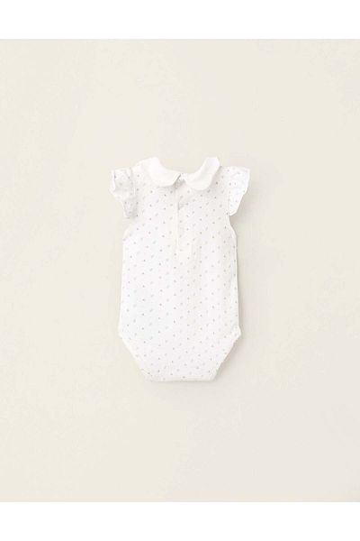 Ziddy Floral Bodysuit with Wavy Collar and Ruffles for Newborn Girls, White