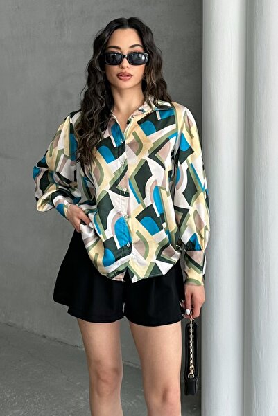 MD trend Kadın Geometrik Desenli Balon Kollu Saten Gömlek