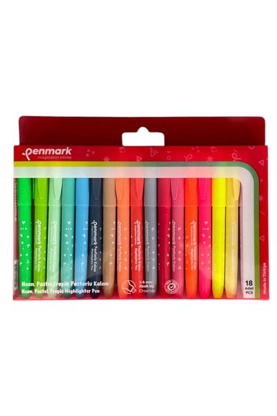 penmark Pen Type Highlighter 6 Neon + 6 Pastel + 6 Tropical Set of 18 (Made in Turkey)