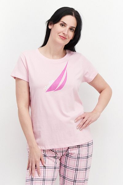 Nautica Women 2 Pcs Printed Pajama Top And Bottom Set, Pink Combo