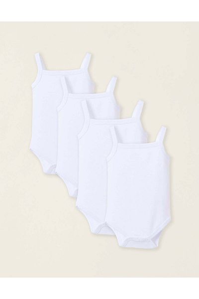 Ziddy Pack of 4 Strappy Cotton Bodysuits for Baby Girls, White