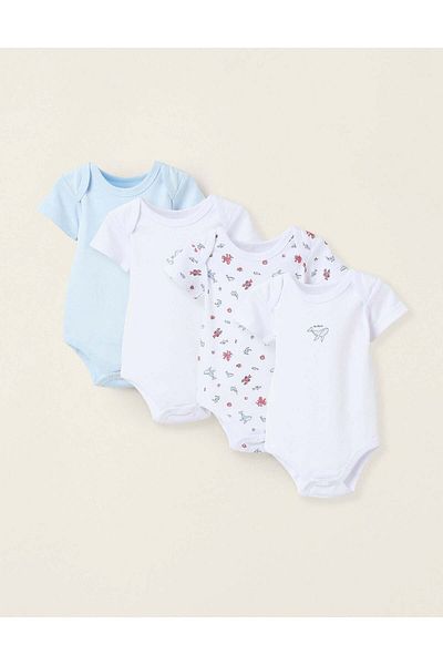 Ziddy Pack of 4 Short Sleeve Bodysuits for Baby Boys 'Octopus', White/Blue
