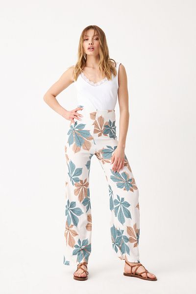 Know Women's Light Blue-White Floral Patterned Tube Leg Trousers
