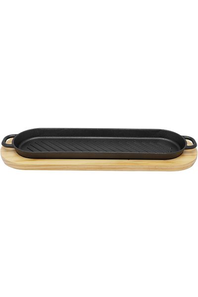 mastergold 38x10.7cm Oval Cast Iron Grill Pan with Handles & Wooden Base | Oven Safe Roasting Skillet for BBQ