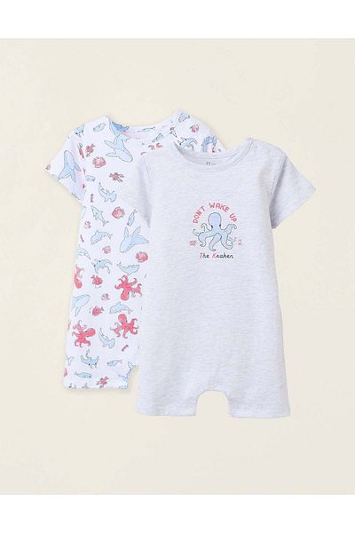 Ziddy Pack of 2 Cotton Romper-Pyjamas for Baby Boys 'Octopus', White/Grey