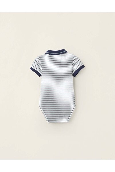 Ziddy Short Sleeve Striped Polo Bodysuit for Newborns, White/Blue/Green