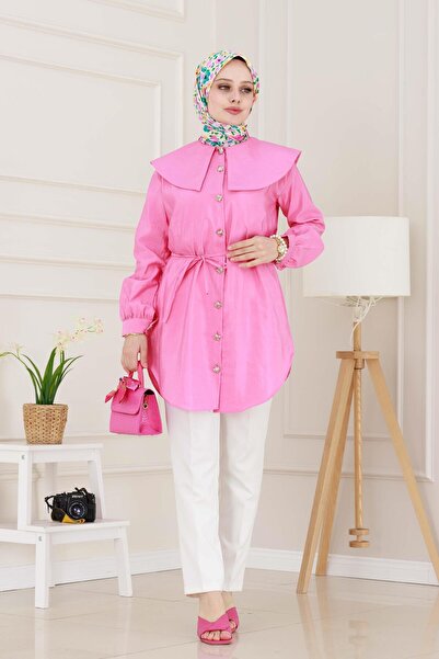 Sevitli Φαρδύ γιακά με λεπτομέρεια με κορδόνι στη μέση-ροζ