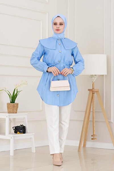 Sevitli Tunica cu guler lat cu detaliu din dantela la talie - albastru bebelus