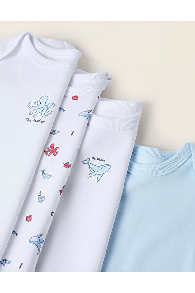 Ziddy Pack of 4 Short Sleeve Bodysuits for Baby Boys 'Octopus', White/Blue