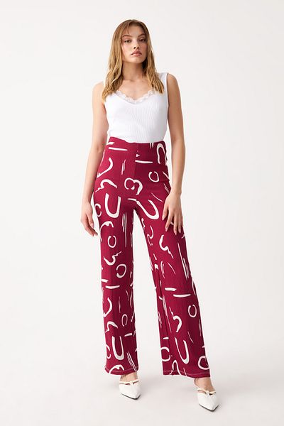 Know Women's Burgundy Patterned Pipe Leg Trousers