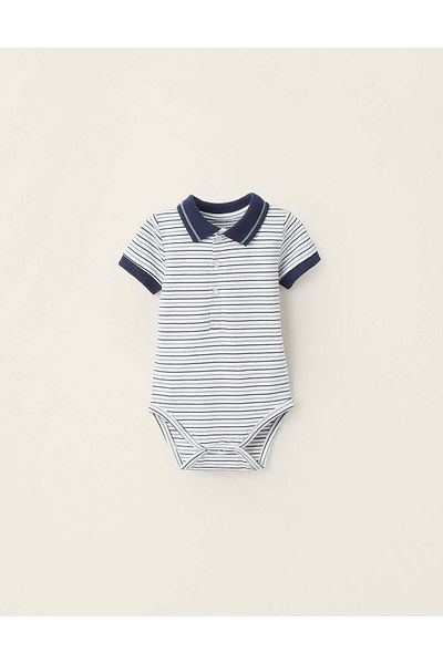 Ziddy Short Sleeve Striped Polo Bodysuit for Newborns, White/Blue/Green