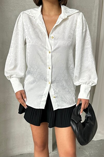 MD trend Women's Patterned Balloon Sleeve Jacquard Shirt