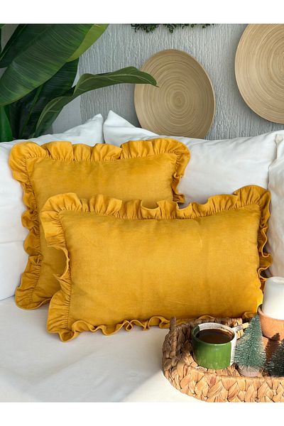 Decamor home Vintage Frilly Mustard Yellow Throw Pillow Cover 1 Pc