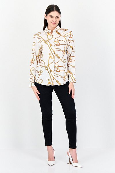 XOXO Women Spread Collar Long Sleeves Allover Print Satin Shirt, Multicolor