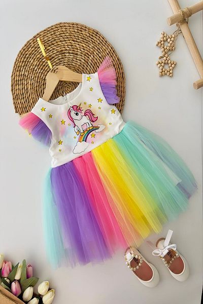 DeKuBaby Rochie de seară pentru copii cu fustă din tul pliată cu imprimeu unicorn, spectacol, petrecere, ziua de naștere, rochie de nuntă