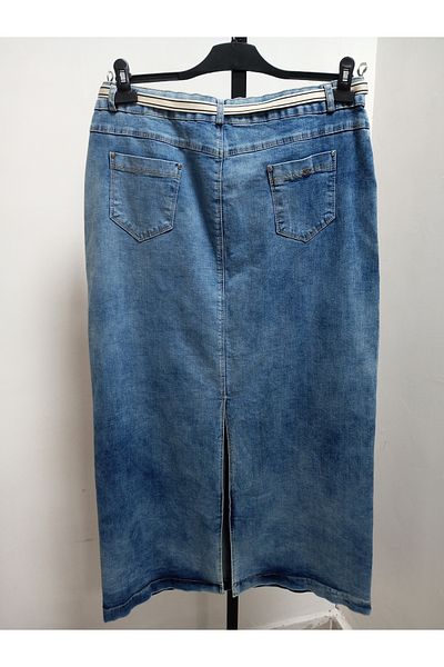 AKŞEN GİYİM Plus Size Women's Stonished Washed Denim Fabric Lace up Back Slit Long Jeans Skirt