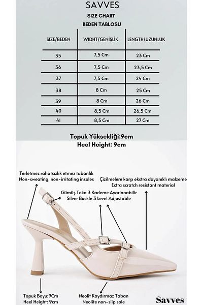 Savves Women's Beige Patent Leather Model Double Banded Buckle Detailed Open Classic Heeled Shoes