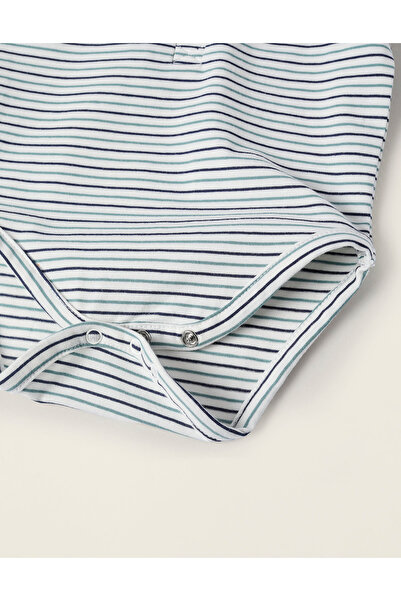 Ziddy Short Sleeve Striped Polo Bodysuit for Newborns, White/Blue/Green