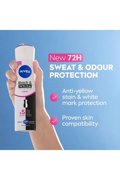 NIVEA Black & White Invisible Anti-Perspirant Deodorant Spray for Women, Clear, 72H Active Protectio