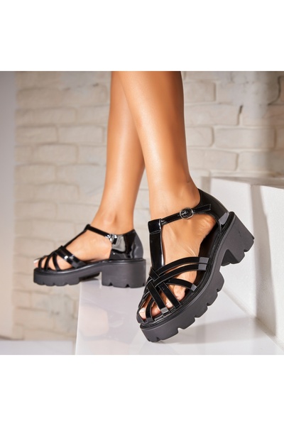 Joana Sandale dama cu platforma Negre din Piele Ecologica Lacuita Jiarui2