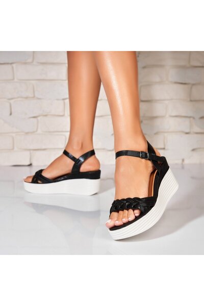 Joana Sandale dama cu platforma Negre din Piele Ecologica Elydia