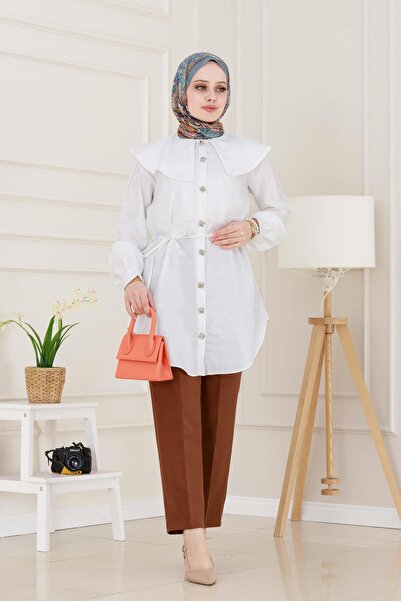 Sevitli تونيك بياقة واسعة مع تفاصيل دانتيل على الخصر - أبيض