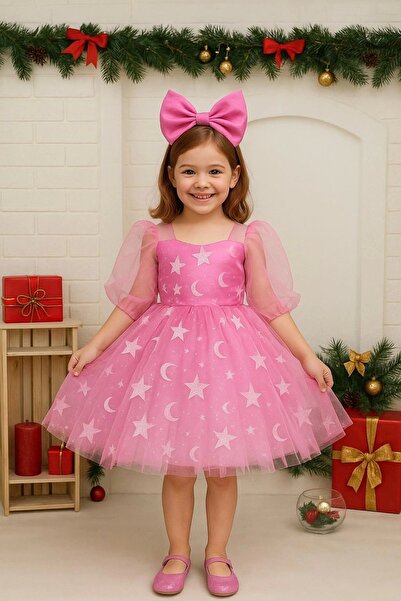 Nissa Pembe Büyük Fiyunklu Kız Çocuk Elbisesi