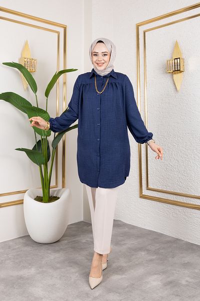 Nevayla Moda Gathered Front Ankle Elastic Tunic - Navy Blue / Ü104