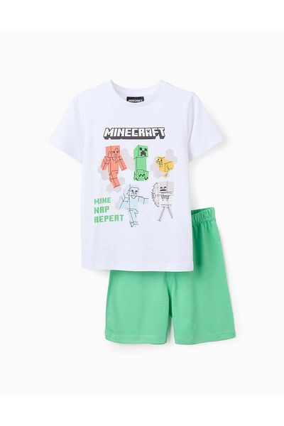 Ziddy Short Cotton Pyjama for Boys 'Minecraft', White/Green