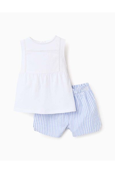 Ziddy Cotton Pyjama with Lace and Stripes for Baby Girls, White/Blue