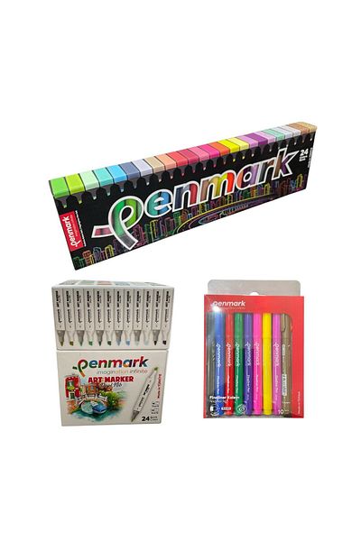 penmark 58 Mega Set 24 Highlighter + 24 Brush Marker + 10 Fineliner (Made in Turkey)