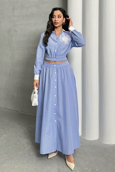 MD trend Women's Striped Chest Lace Shirt Skirt Double Set