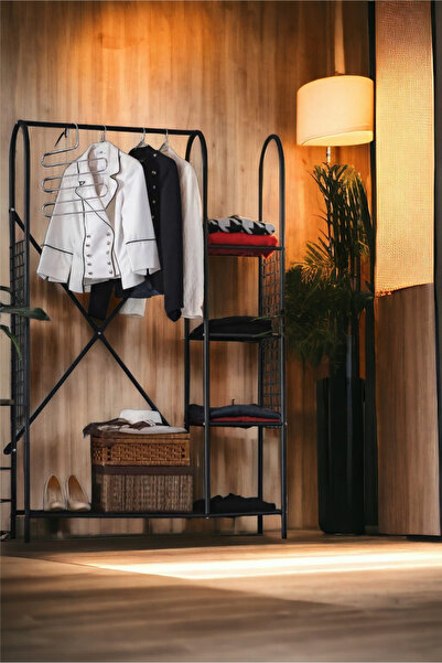 Lux poster house Nordic Tarz Siyah Metal 5 Raflı Elbise Askılığı Çok Amaçlı D...