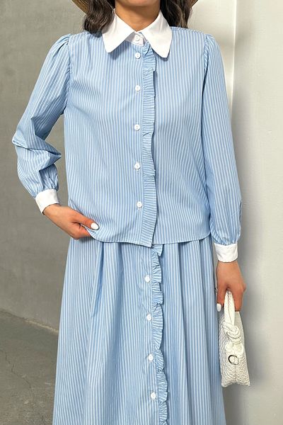 MD trend Women's Striped Front Detailed Shirt-Skirt Double Set
