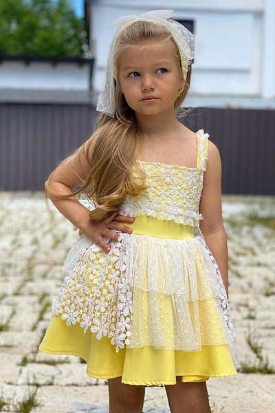Riccotarz Girl's Square Neck Strap Yellow Dress with Tulle Lace Embroidered Lining