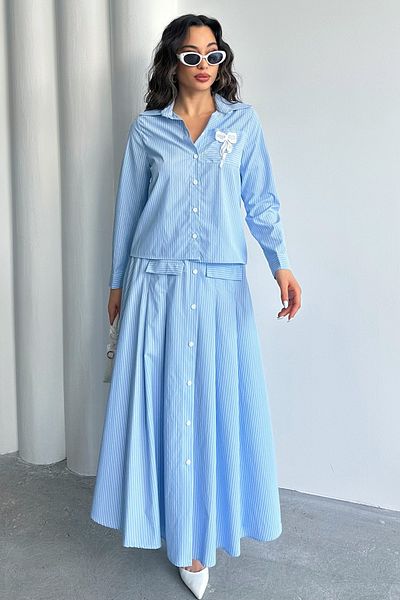 MD trend Women's Striped Pocket Detailed Buttoned Shirt-Skirt Two-Piece Set