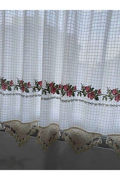 PAZARSEN Cross-Stitch Embroidered Authentic Curtain, Buldan Curtain, Summer Curtain, Basement Curtain, Kitchen Curtain